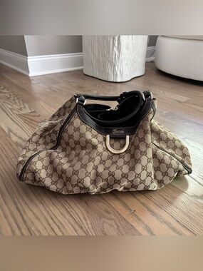 Gucci Abbey D Ring Brown Canvas Leather Tote Bag Early 2000s Vintage